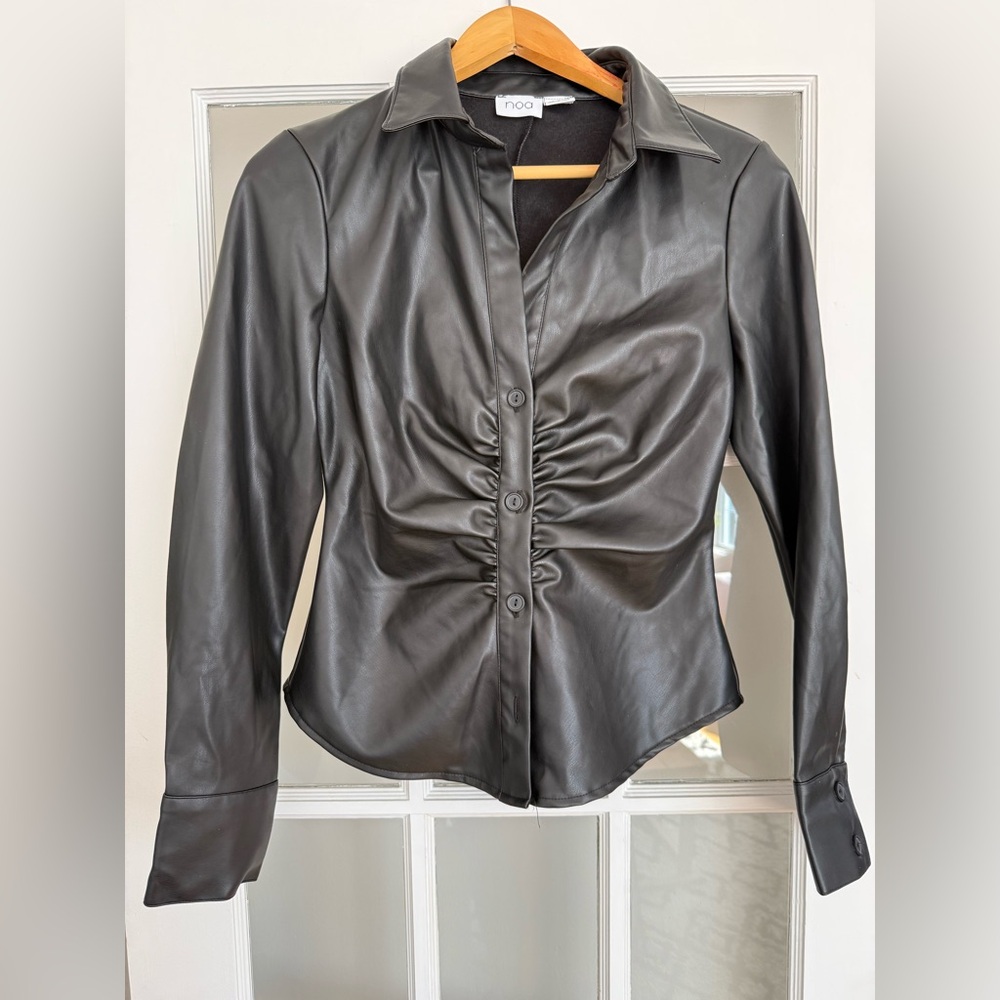Black Faux Leather Ruched Front Top